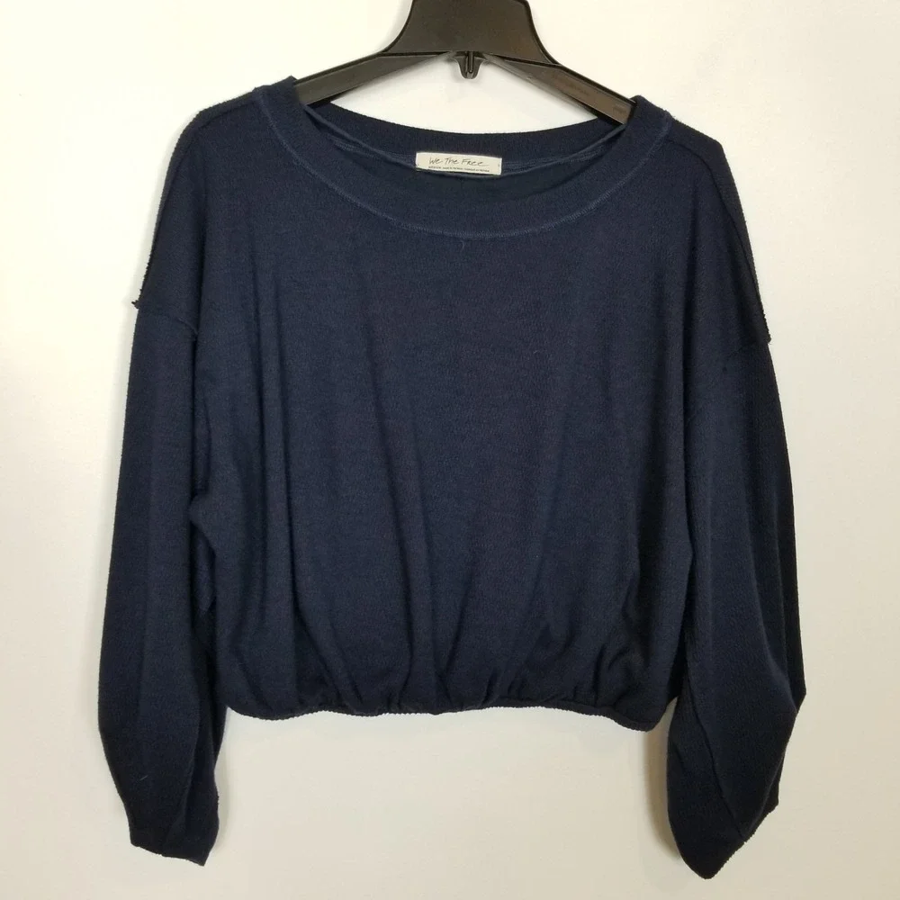 Free People Cuddle Bubble Long Sleeve Slouchy Fit Top‎ Sweater Sz M Navy
